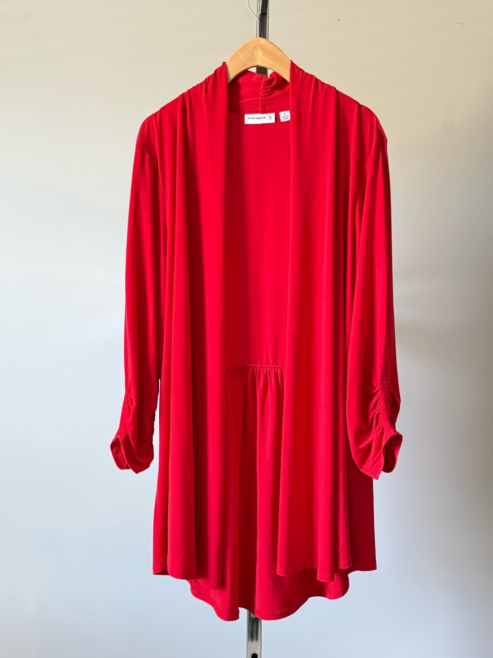 Susan Graver Liquid Knit Ruched Cardigan Red XL A265840 High-Low